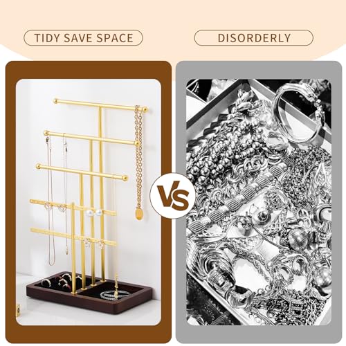 modern T-shaped jewelry rack, jewelry tower, gold metal, square ceramic base decoration display tower, necklace, bracelet, ring storage rack (4-layer wooden pallet black) - style: 4-layer wooden pallet black