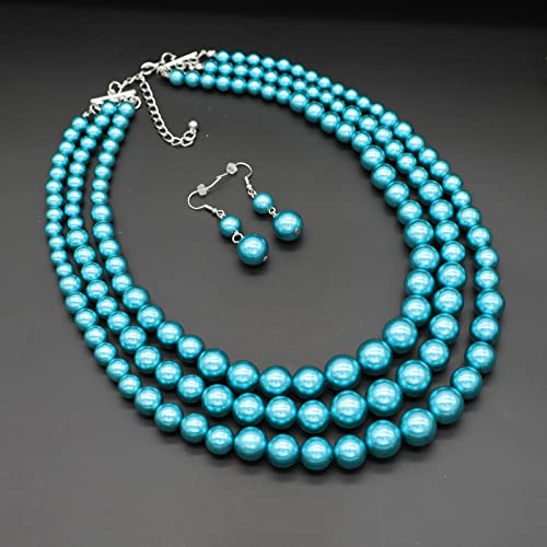 Chunky Layered Imitation Pearl Necklace for Women 3 strand Pearl Necklaces Faux Pearl Necklace Earrings Set 1920s Flapper Gatsby Costume Accessories - color: 3 strand pearl necklace dark blue