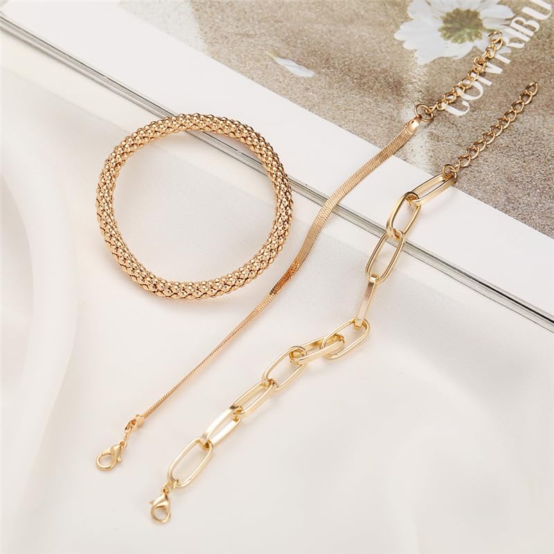Alegend 14K Gold Plated Stackable Multilayer Bracelets + Titanium Steel(Not Rust, Resist Corruption, Easily Clean) 18K Gold Plated Single Bracelets - color: 14K Gold + 3PCS