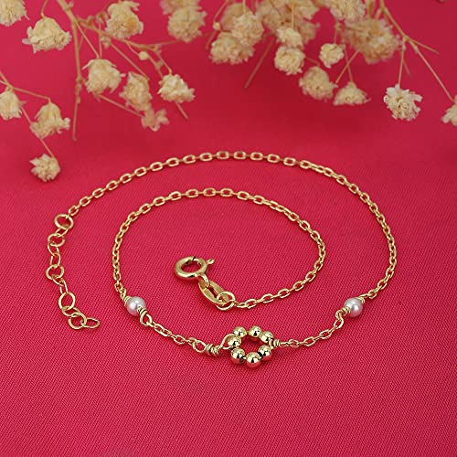 Vanbelle 18K Gold Plated Jewelry - Beaded Round Charm Anklet with White Faux Pearl - Stylish Designer Foot Jewelry - Unique Elegant Beautifully Designed Anklet for Women - 9" long + 1" extender