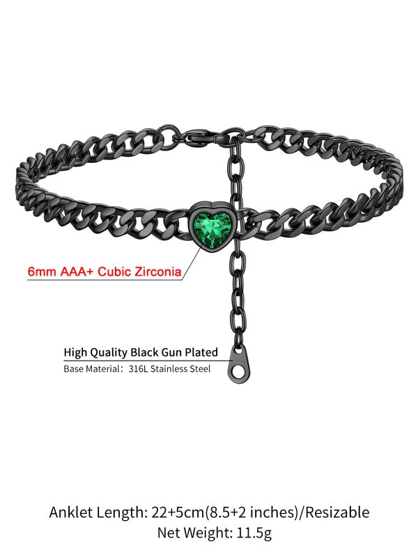ChainsHouse Cuban Chain Anklets for Women with Heart Birthstone Jan - Dec | Stainless Steel Black Link Chain Ankle Bracelet with Birthstone, Beach Women Anklet 22cm-27cm Adjustable, with Gift Box - color: 05. May-Emerald-Black