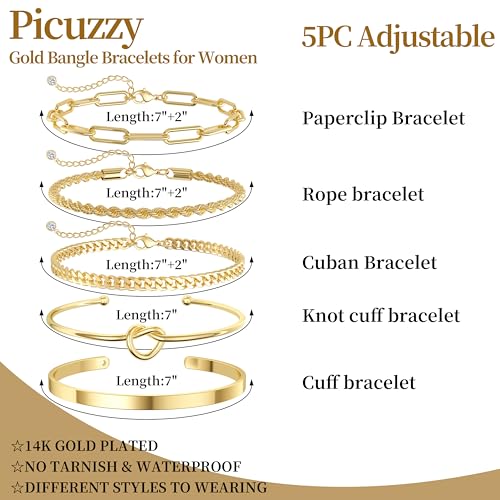 14K Gold Plated Stackable Bangle Bracelets Set for Women | Cuff Bracelet Stackable Bangles Bracelet for Women Trendy Fashion Accessories Tie Knot Cuban Rope Paperclip Beaded Bracelets - color: 5-layer F GD