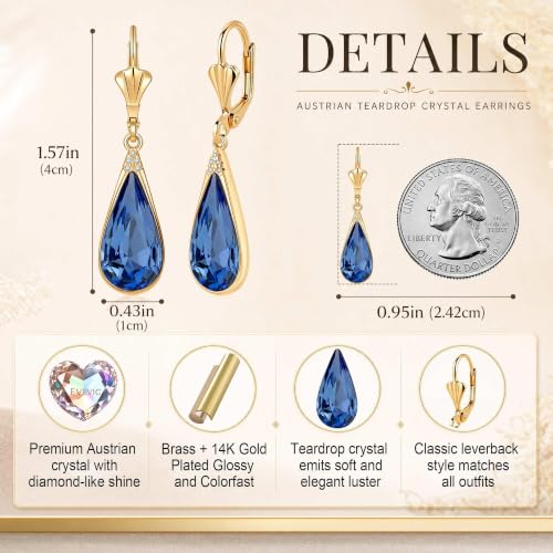 Teardrop Austrian Crystal Leverback Dangle Drop Earrings for Women | 14K Gold Plated,Classic Teardrop Elegance,Leverback for Easy Secure Wear,Gift Box Included, Brighten Up Daily and Party Looks - color: Bermuda Blue