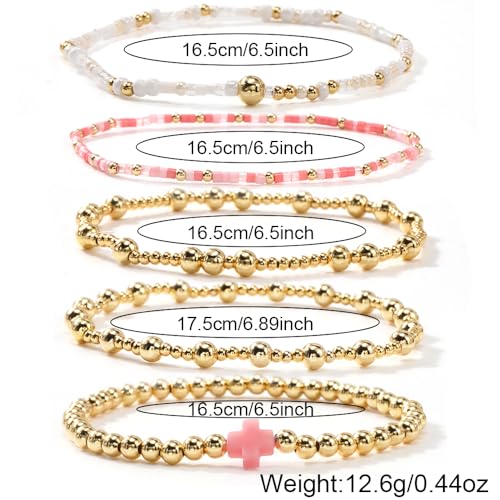 Colorful Gold Plated Stackable Ball Seed Beaded Bracelets Set For Women, Boho Handmade Romantic Stretch Accessories Jewelry, Daily Wear Holiday Party Friendship Gift - color: Pink Cross