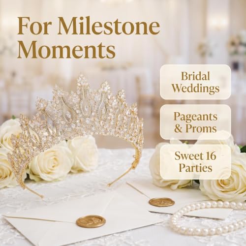 QXMYOO Luxury Wedding Tiaras for Bride Cubic Zirconia Big Tall Crown Quinceanera Crystal Headband for Women CZ Pageant Birthday Prom Party Headpiece Bridal Hair Accessories Silver - color: Gold