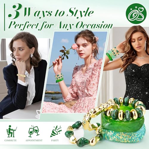 Acrylic Resin Bangle Bracelets for Women | Chunky Boho Stackable Geometric & Marbled Statement Jewelry | Lightweight Everyday Gift Set - color: Green