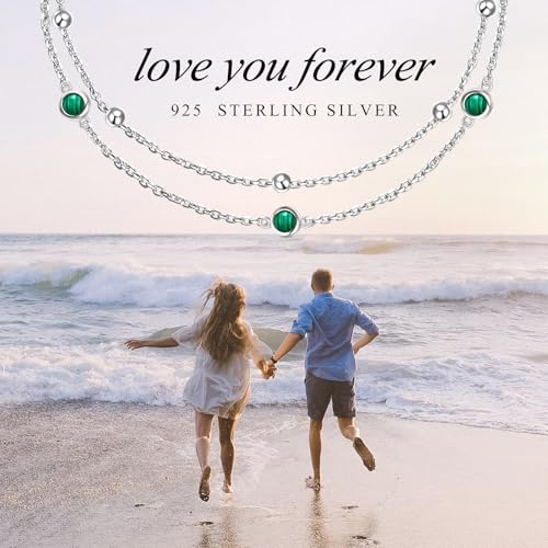 Flyow Anklet for Women S925 Sterling Silver Adjustable Foot Beaded Heart Charm Ankle Bracelet Anklets Jewelry - style: Malachite