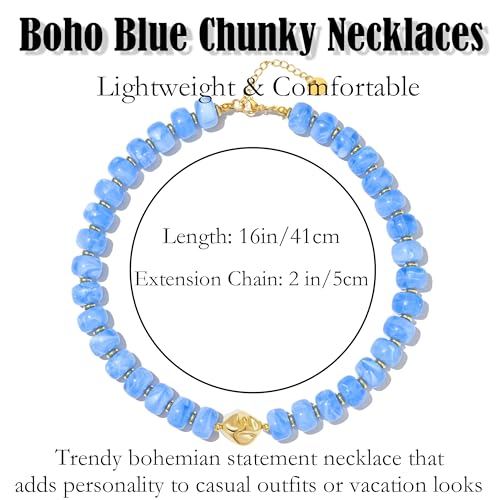 Boho Colorful Chunky Beaded Necklace for Women Trendy Resin Statement Choker Necklaces Summer Beach Style Womens Vacation Fashion Jewelry Gifts Accessories - color: Blue-3