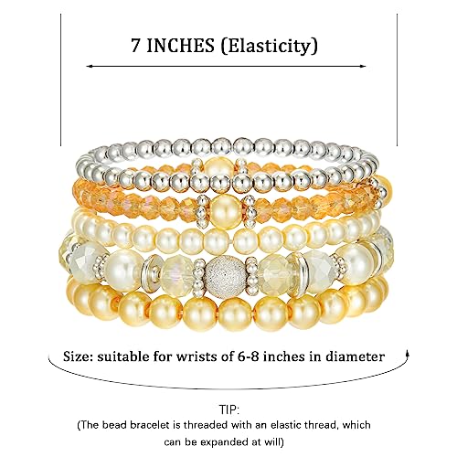 Noessla Beaded Pearl Stretch Bracelet Silver Stackable Crystal Beads Bracelets Trendy Costume Jewelry Mothers Day Gifts for Women - color: Yellow