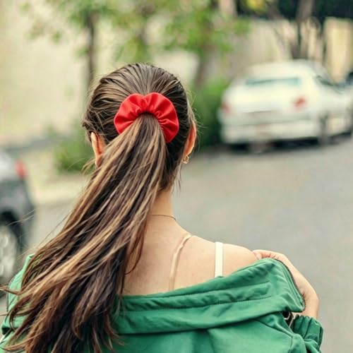 Silk Hair Ties Ponytail Holder Hairs Bow Ropes Elastics Hairtie Accessories Wide 0.8inch on Hair No Damage No Crease for Women Curly Thick Wavy Hair(30Pcs Bright Red) - color: Bright Red