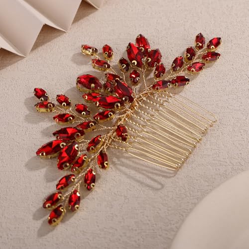 Teyglen Red Rhinestone Wedding Hair Comb Simple Crystal Hair Piece Bridal Crystal Hair Comb for Bride Wedding Hair Accessories for Women Party Prom Headpiece(Red) - color: Red