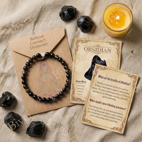 Bivei Crystal Stretch 6mm Bracelets for Women | Handmade Natural Stone Beaded Stretch Bracelet, Stainless Steel Heart Bead, Tranquility Yoga Gift Jewelry for Women - color: Obsidian - Protective