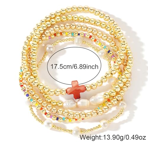 Gold Bracelets for Women, Beaded Cross Stack, Non Tarnish Set,Set-1 | Gold Beaded Bracelet Stack with Stretch Fit, Waterproof Finish and Dainty Design for Everyday Wear and Gifts - color: Colors-3