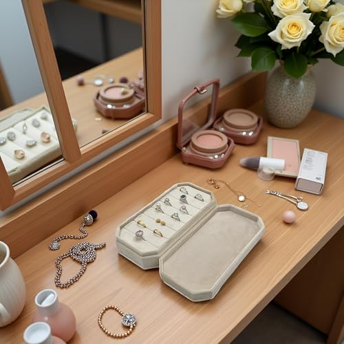 Velvet Ring Organizer Box - Ring Jewelry Box for Rings Earring, Jewelry Tray Rings holder Display Case for Girl Women (8.07"x4.13"x2.16") -PRB024-Beige - color: Beige