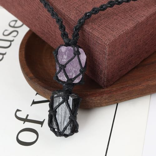 Anjiucc Handmade Crystal Cage Holder with Raw Gemstone Pendant Necklace Natural Stone Healing Crystal Necklace Adjustable Length - color: Tourmaline+Amethyst