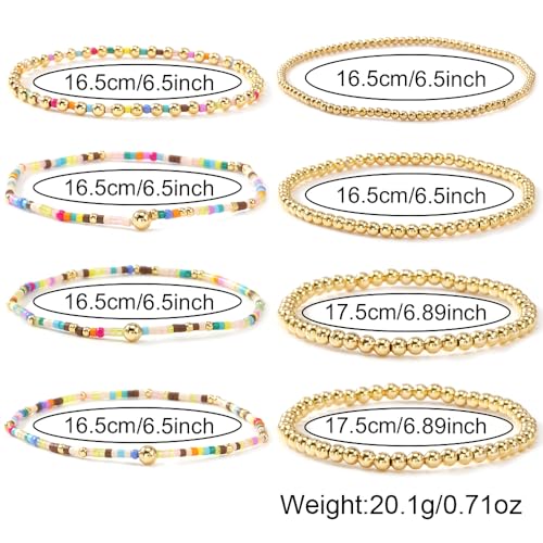 8PCS Colorful Gold Beaded Bracelets for Women Handmade Boho Stretch Stackable Colorful Gold Plated Ball Seed Beads Bracelet Stack Trendy Jewelry Set Prom Friendship Gift