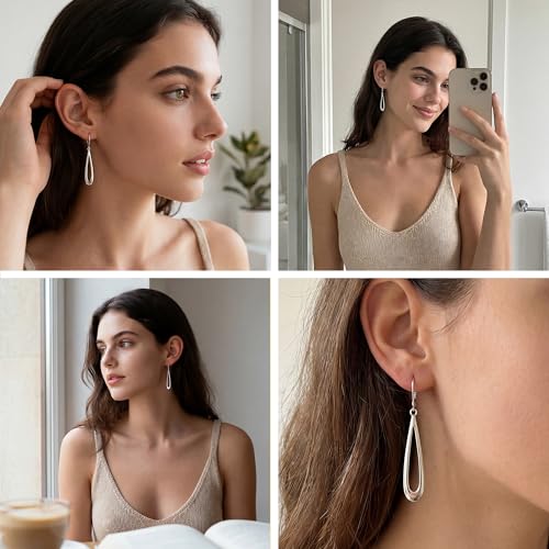BoutiqueLovin Long Teardrop Dangle Earrings for Women | 14k Gold Plated Dangling Drop Earrings Silver HypoallergenicHollow Dangly Leverback Earings Lightweight Trendy Jewelry Gifts - color: Silver
