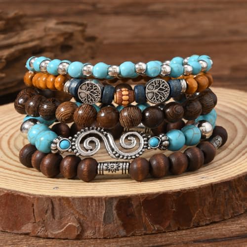 5pcs Wooden Bead Bracelet Set with Charm and Tassel for Men & Women - Stackable Boho Bracelets, Amber Color Scheme Adjustable Bracelet - color: Brown and Light Blue