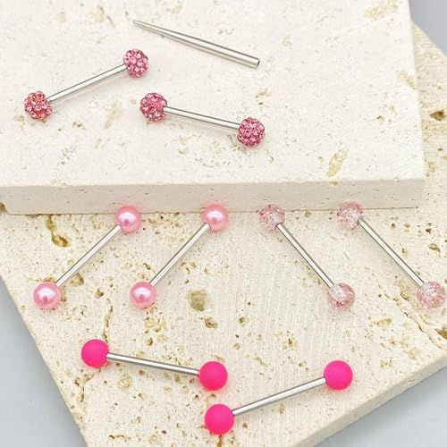 7 Pairs Nipple Rings Stainless Steel 14G Nipple Piercing Jewelry Silver Pink Heart Butterfly Knot CZ Stud Barbell Tongue Rings Internal Threaded Body Piercing Kit - color: B: pink