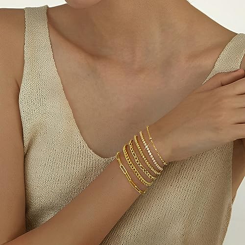 Gold Bracelets for Women, 14K Gold Plated Stackable Bracelet Stack Set Adjustable Charm Paperclip Chain Cuban Link Layered Waterproof Jewelry Sets Gifts for Womens 6.5 Inch - color: Gold 6.5 IN General Wrist