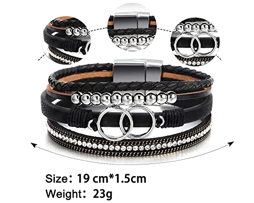 Fesciory Leather Wrap Bracelet for Women, Boho Western Layered Cuff Jewelry | Stackable Bracelets, Easy-On Clasp, Daily Wear, Pairs with Boho Western Outfits, Gift for Women - color: Black11