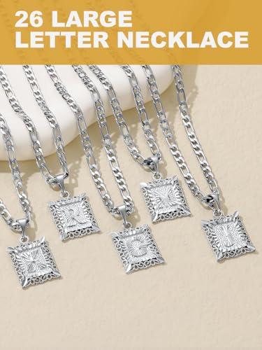 U7 Initial Letter Necklace for Men Women, 14K Gold/Silver Plated Square Capital Monogram Pendant Necklace from A-Z with 22+2 Inch Figaro Chain, Personalized Jewelry for Him - color: Silver, style: J