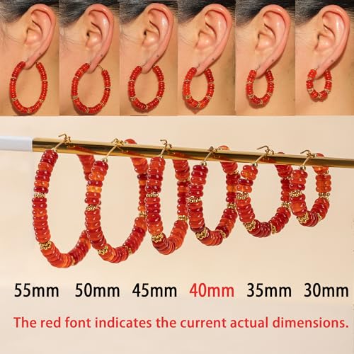 Wellike Beaded Hoop Earrings for Women Natural Stone Pink Gold Huggie Earrings Hypoallergenic Dainty Waterproof Trendy Jewelry - color: Red, size: 40mm