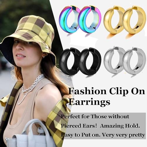 SIISPRI Stainless Steel Mens Womens Clip On Earrings Hoop Huggie Non-Piercing - color: 4-Color Set