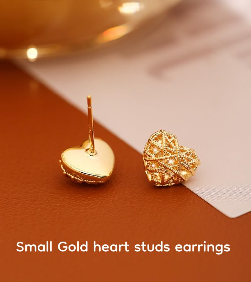 18K Gold Plated & Silver Chunky Heart & Bow Earrings for Women, Chunky Heart Dangle Hoops/Tiny Studs, Kawaii Dainty Hypoallergenic Jewelry for Multiple Piercings, Gift for Her - style: Cut-out Heart Studs