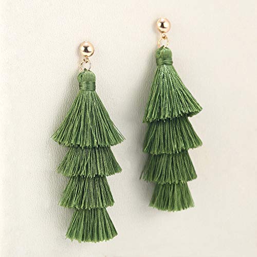BaubleStar Bohemian Layered Tassel Drop Earrings for Women | Lightweight Statement Party Festival Jewelry - color: Green