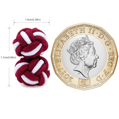 HONEY BEAR Round Silk Knot Elastic Fabric Cufflinks for Men Women 1 Pair | Wedding Business, Tarnish-Resistant, for Groomsmen, Father, Husband, Wife, Anniversary, and Formal Events - style: Dark Red with White