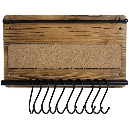 MyGift Wall Mounted Jewelry Organizer, Burnt Wood and Black Metal Necklace Holder, Bracelet, Earring Display Storage Rack with 10 Hanging S-Hooks