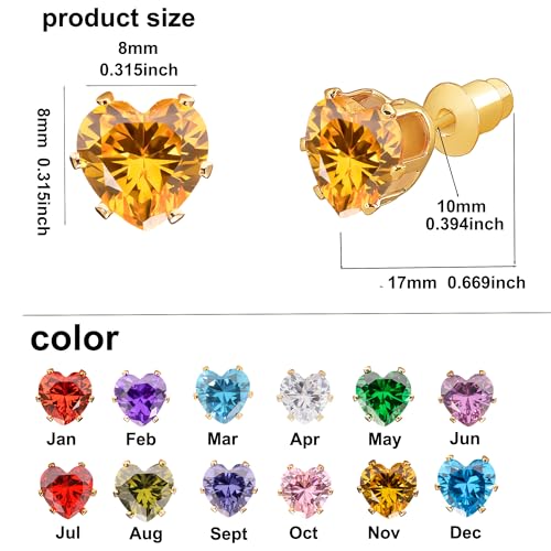 8mm Heart-Cut Birthstone Stud Earrings for Women – 18K Gold Plated Hypoallergenic Cubic Zirconia Earrings, Nickel Free, 12 Months Colors, Everyday Jewelry, Gift for Her, Bridal, Birthday, Christmas - color: 11 Nov golden