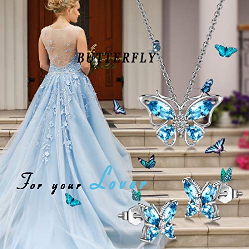 925 Sterling Silver Birthstone Butterfly Jewelry Women Crystal Animal Cute Butterflies Birthday Necklace/Earring/Ring/Bracelet Sets Birth Stone Statement Anniversary Jewellery - color: 1-C.March-Aquamarine