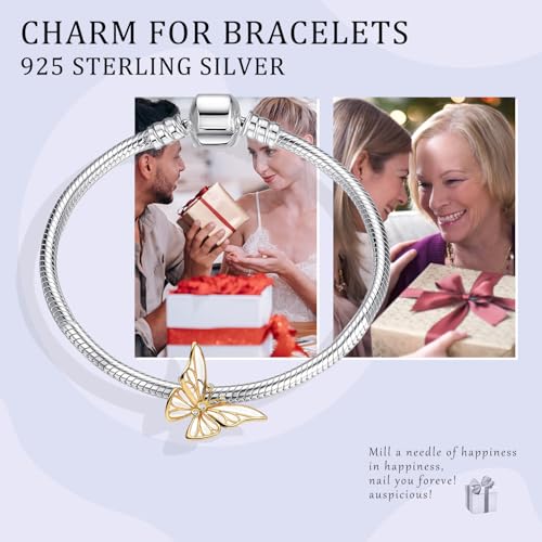 14K Gold Plated Silver Charms for Pandora, Women Heart Family Love Pet Animal Bead Dangle for Bracelets Necklace Jewelry Gift - color: B-Golden - Butterfly