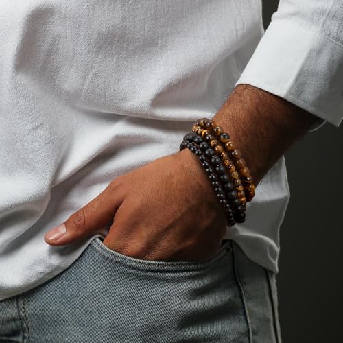 Mens Bead Bracelet Set - Adjustable Elastic Rope With 6&8MM Natural Stone Multi-Colored Beads - Tiger Eye Bracelets for Men - Gift - style: 4,tiger eye,black bracelet
