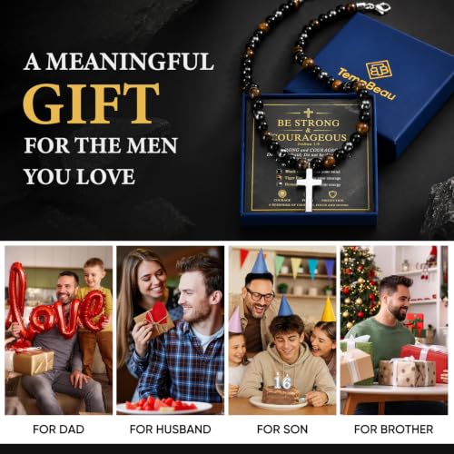 Beaded Cross Necklace Gifts for Men - Triple Protection Black Onyx Obsidian Tiger Eye Natural Stone Necklace Stainless Steel Cross Pendant Stress Relief Balance Faith Jewelry Gifts for Husband Dad Son - color: Joshua 1:9