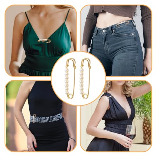 6 PCS Faux Pearl Brooch Pin Safety Pins Decorative for Women, Gold Pearl Pin for Clothes Pants Clips to Tighten Waist, Large Waist Extender Decorative Pins for Shawl Sweater Dress Hat Pants Wedding