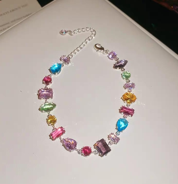Silver Plated Rainbow Crystal Necklace, Sparkly Cubic Zirconia Rhinestone Multicolor Chain Choker Bracelet Earring Jewelry Set - style: Necklace