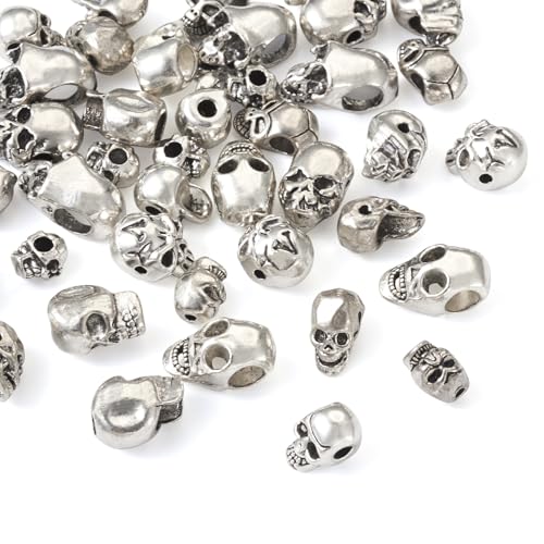 Elecrelive 50Pcs Alloy Skull Beads Skeleton Head Beads 10 Styles Antique Silver Halloween Charms for Gothic Necklace Bracelets Earrings Jewelry Making - color: Antique Silver