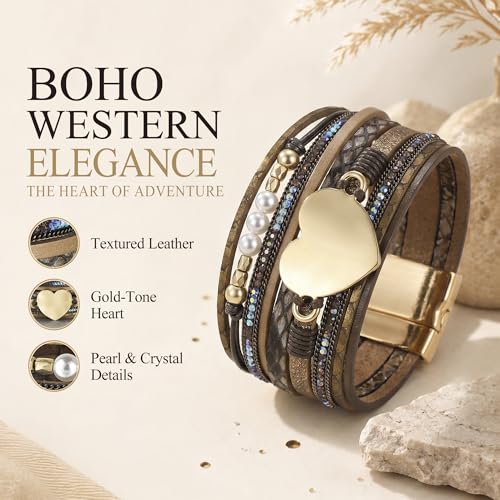Edoneery Leather Wrap Bracelets for Women, Boho Layered Cuff Bangle | Multi-layer Leather Cuff, Daily wear, Stackable Bangle, Easy on-off, Western Jewelry Gifts for Women - color: Brown-1