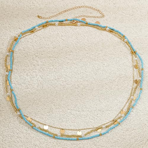 14K Gold Plated Belly Chain Layered Adjustable Waterproof Sparkling Sequin Body Chain Sparkling beads Sexy Bikini Waist Chain With Scalable Elastic Rope - Aqua Brown Golden - color: 3 Layers Aqua