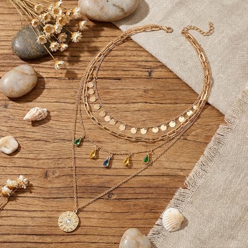 QCWN Gold Layered stacked Necklaces for women 3PS Chunky Statement Necklaces Stack Mixed Metal Charm Necklace for Women Trendy Coin Jewelry Gift for Her Gifts - style: Layered stack 9