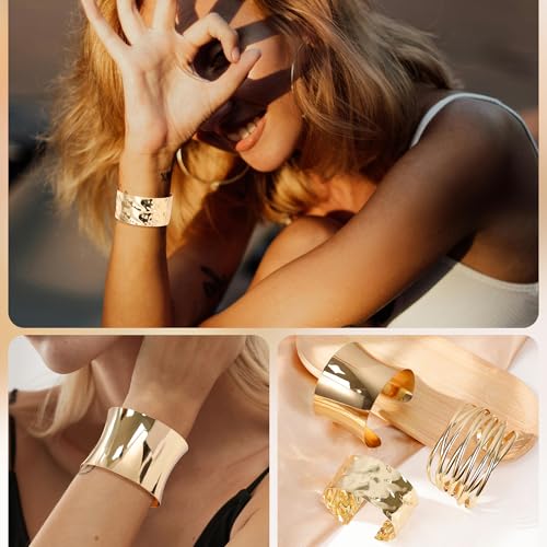 3Pcs Chunky Gold Cuff Bracelets Open Wide Bangle Bracelets Set for Women Minimalist Irregular Bracelet Statement Wrist Cuff Wrap Bracelet Jewelry - style: styleA gold