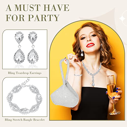 4 Pcs Silver Clutch Purse Jewelry Set for Women Rave Accessories Evening Rhinestone Purse Silver for Bride Wedding - style: Vivid Style