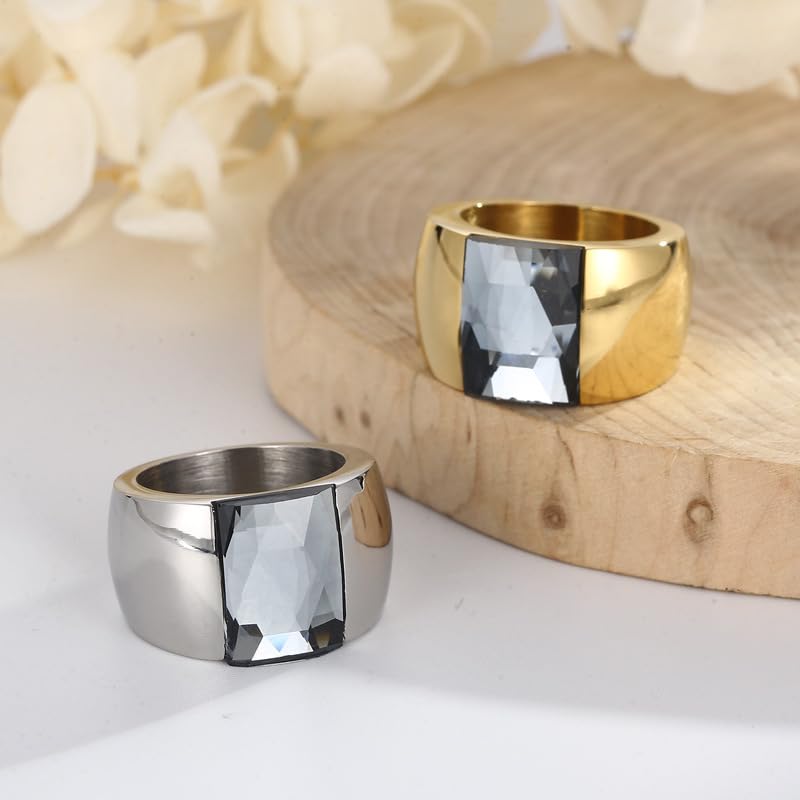 OIDIMS Stunning Large Statement Glass Crystal Rhinestone Band Cocktail Ring Cubic Zirconia Stainless Steel Thick Chunky for Women Men18k Gold Plated Friend Graduation Gift Evening Party - color: Clear, size: 8