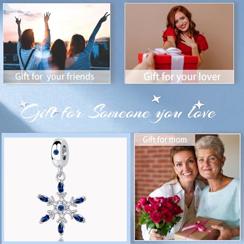 Snowflake Dangle Charm Birthstone Bead Compatible with Pandora Bracelet Women Christmas Gift - color: Deep Bule