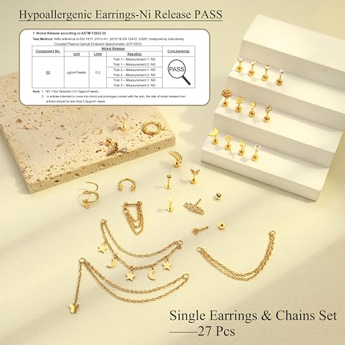 Besteel 27Pcs Flat Back Earrings Hypoallergenic Surgical Steel Stud Earring Stacks Set Dainty Chain Dangle Cartilage Tragus Daith Helix Piercing Jewelry for Women Men Trendy 16G - color: Gold