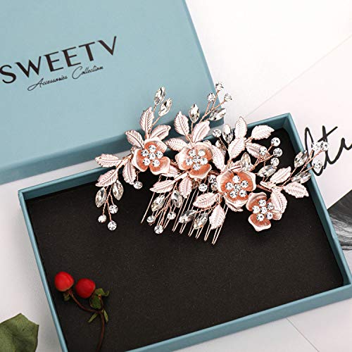 SWEETV Metal Hair Comb, Rhinestone Bridal Hair Clip - Handmade Wedding Hair Accessories for Brides and Bridesmaid, Rose Gold | Metal Handmade Wedding Hair Pieces for Brides, Wedding Hair Accessories Bridal Hair Pieces for Brides Bridesmaid, Rose Gold - co