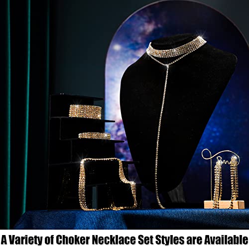 Hicarer 9 Pcs Rhinestone Jewelry Set for Women Rhinestone Necklace Bracelet Bangle Earring for Bride Wedding Party Accessory - color: Gold